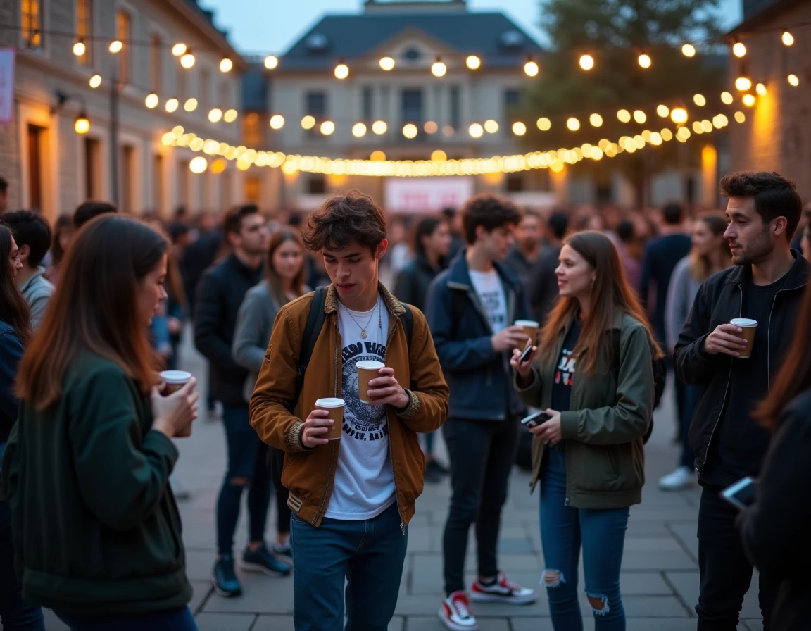 Étudiants réunis lors d'une soirée festive en plein air sur un campus universitaire animé