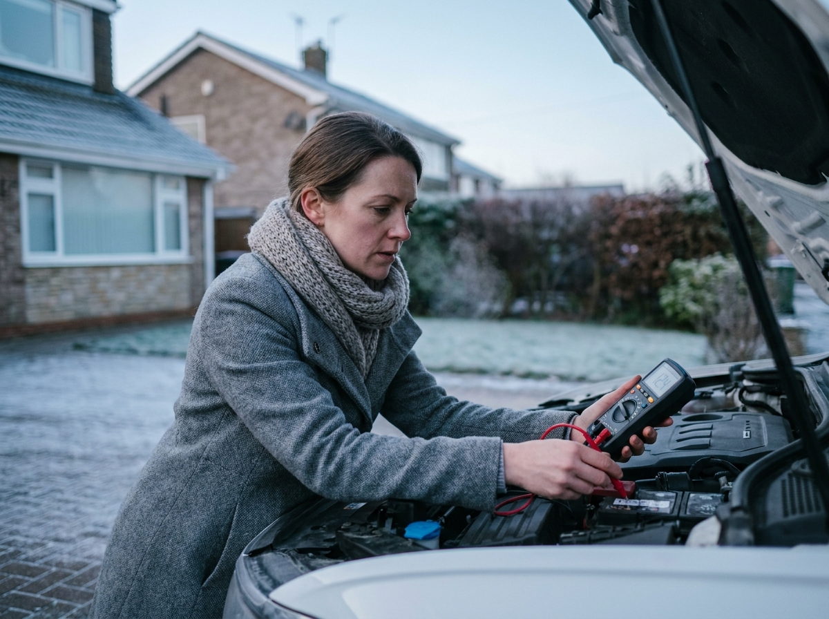Femme vérifiant la tension d'une batterie de voiture avec un multimètre par temps de gel devant une maison