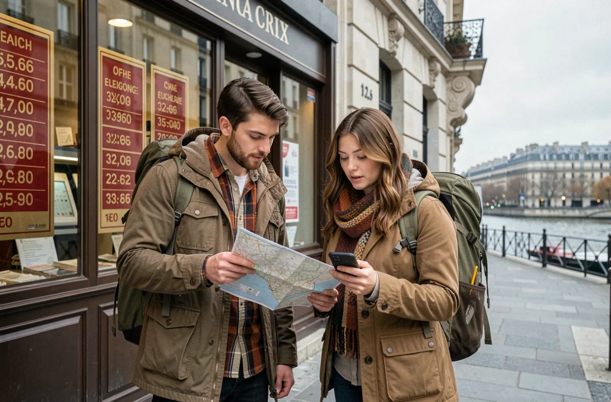 Deux voyageurs consultant les taux de change devant une agence de change touristique au bord de la Seine à Paris